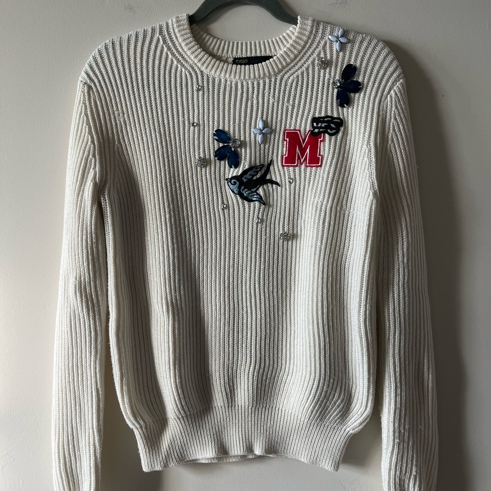 MAJE Creamy Crewneck Sweater with Ribbed Texture and Embellishments